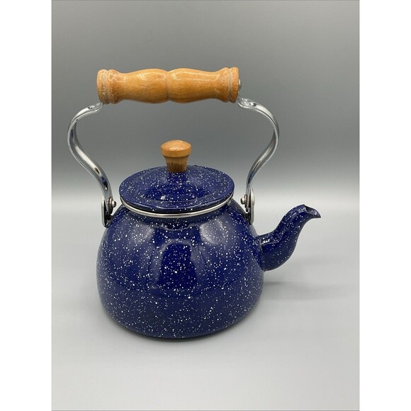 Vintage Blue White Speckled Enamelware Goose Neck Teapot Tea Kettle - Picture 4 of 13